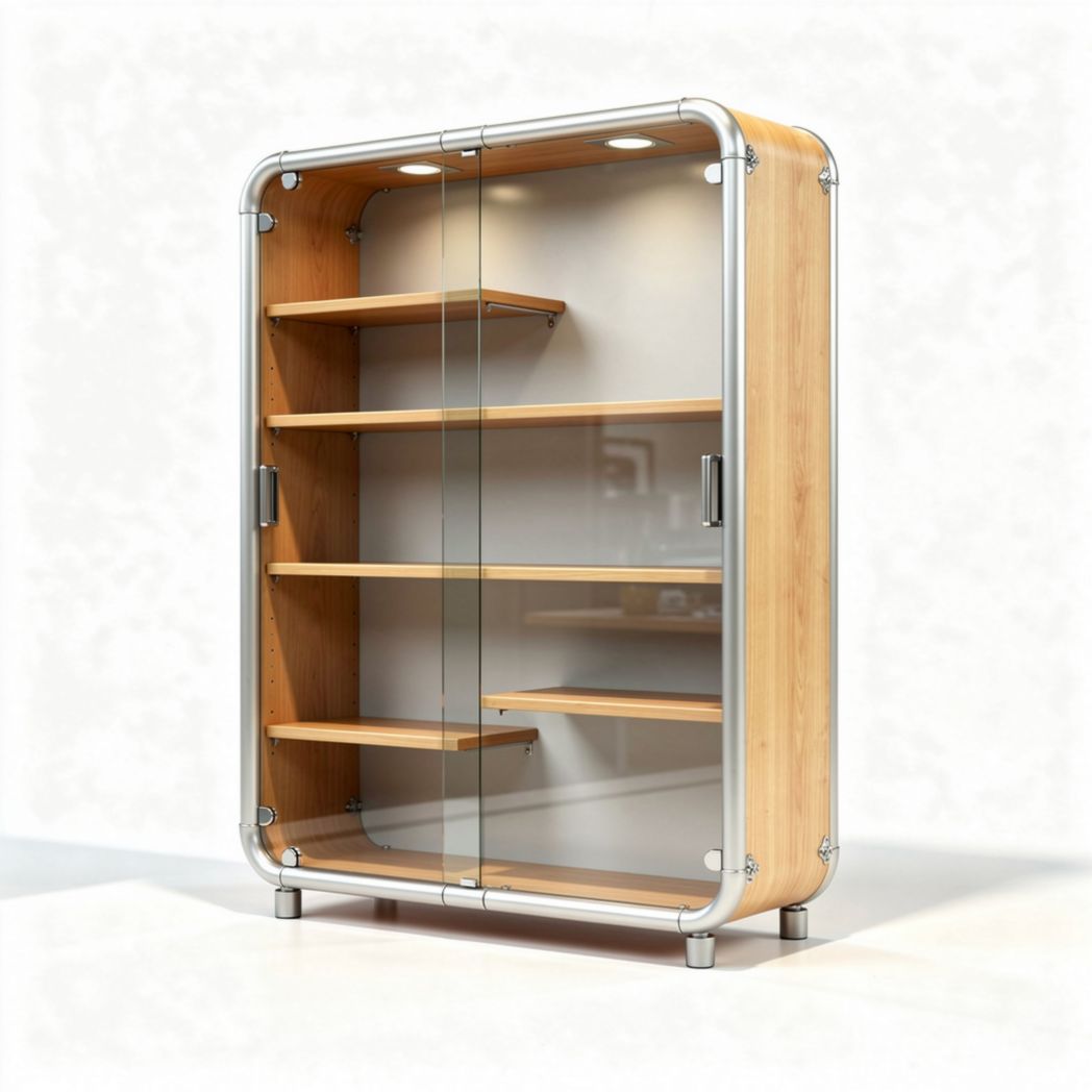 glazen vitrinekast van bamboe met aluminium frame 100 x 50 x 150cm