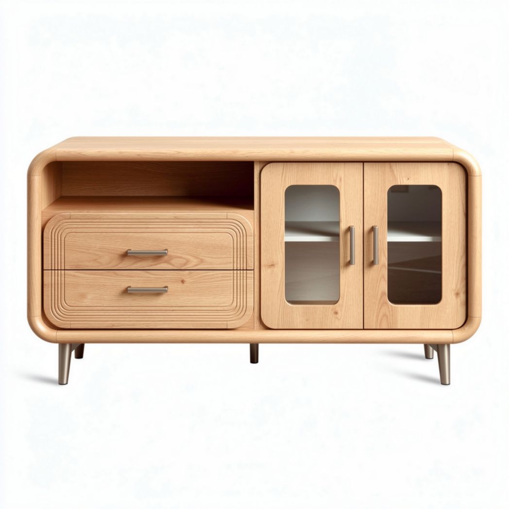 Houten tv-kast met glazen deuren en lade 100 x 50 x 75cm naturel