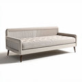Bank in lichtbeige stof met een afmeting van 220 x 90 x 80cm
