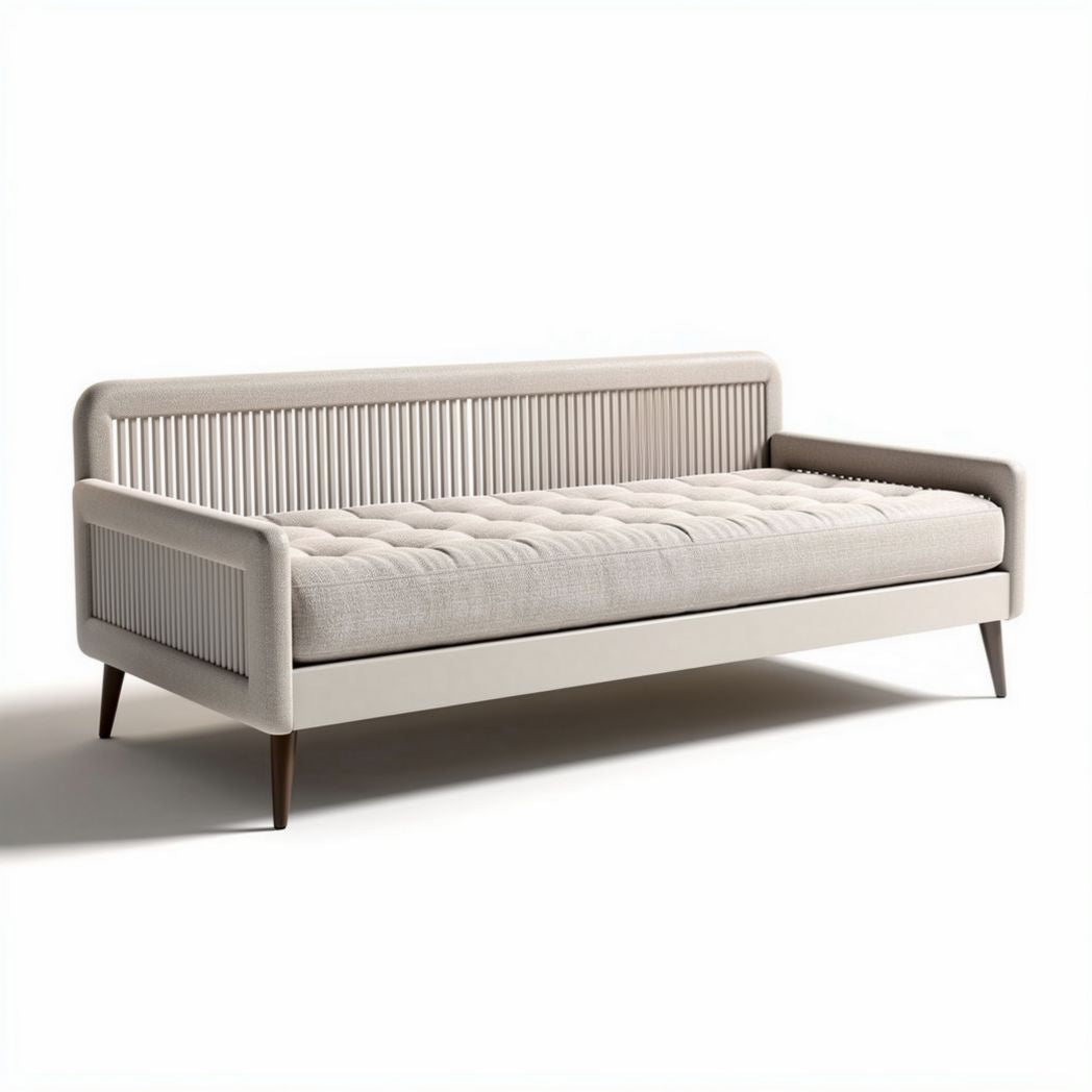 Bank in lichtbeige stof met een afmeting van 220 x 90 x 80cm