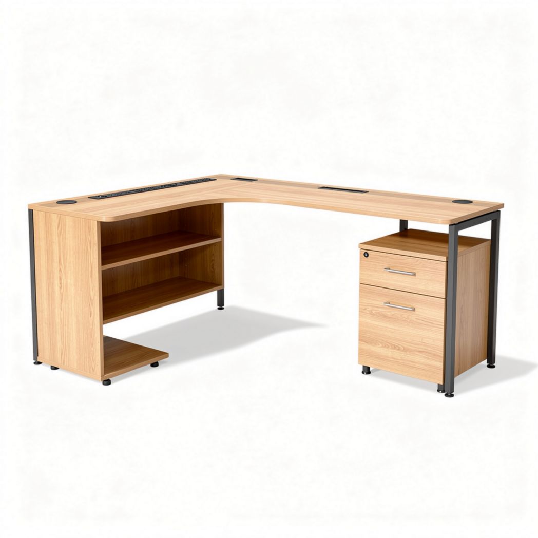 L-vormig bureau van hout met metalen structuur en lade 160 x 120 x 75cm