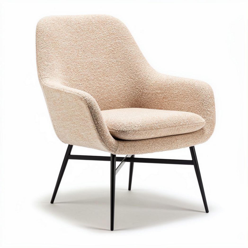 Zandkleurige stoffen fauteuil met metalen onderstel 80 x 75 x 85cm