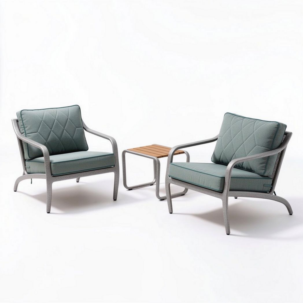 Twee lichtgewicht tuinstoelen van aluminium met kussens en een houten tafel 80 x 80 x 70cm