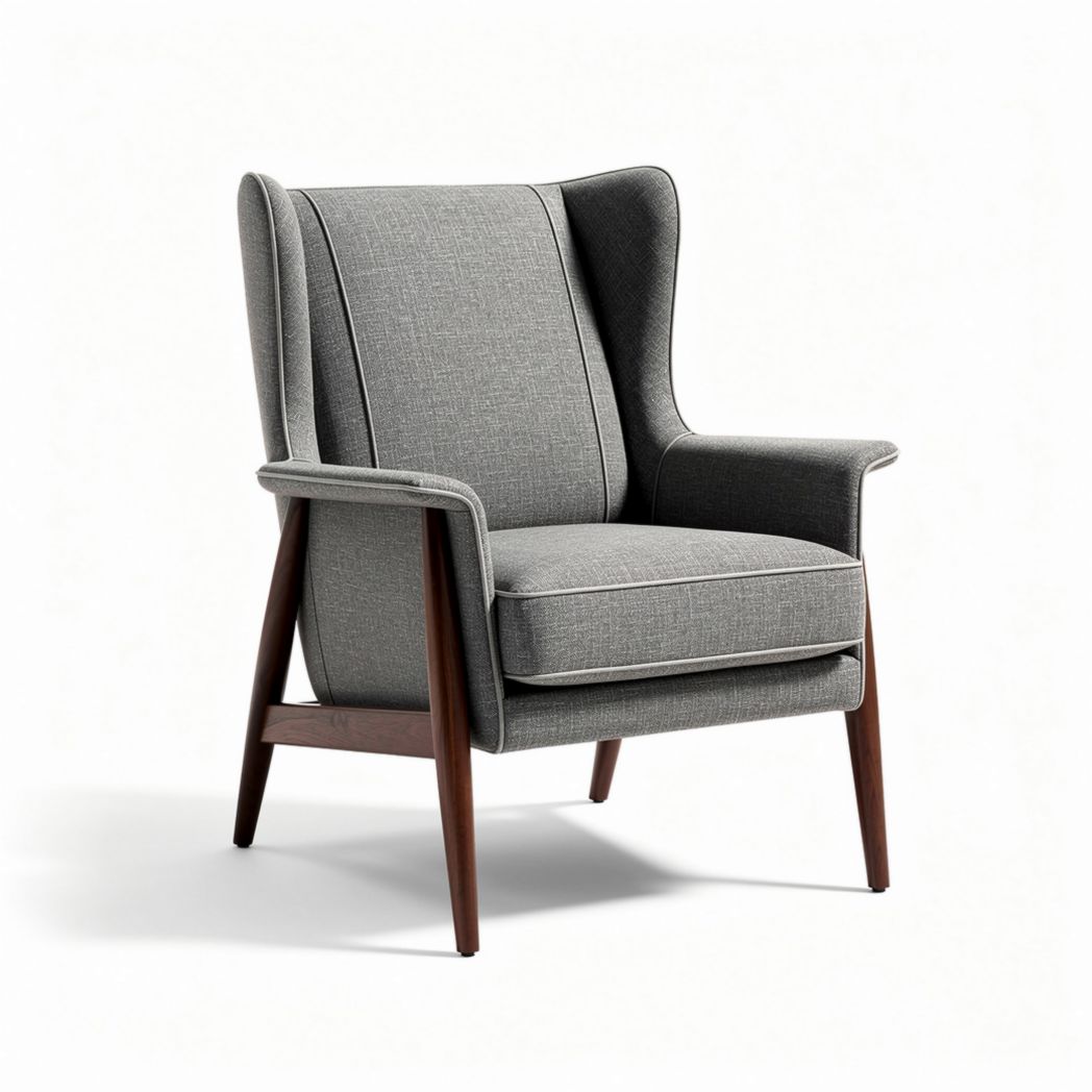 fauteuil met grijze stof en houten poten 85 x 75 x 100cm